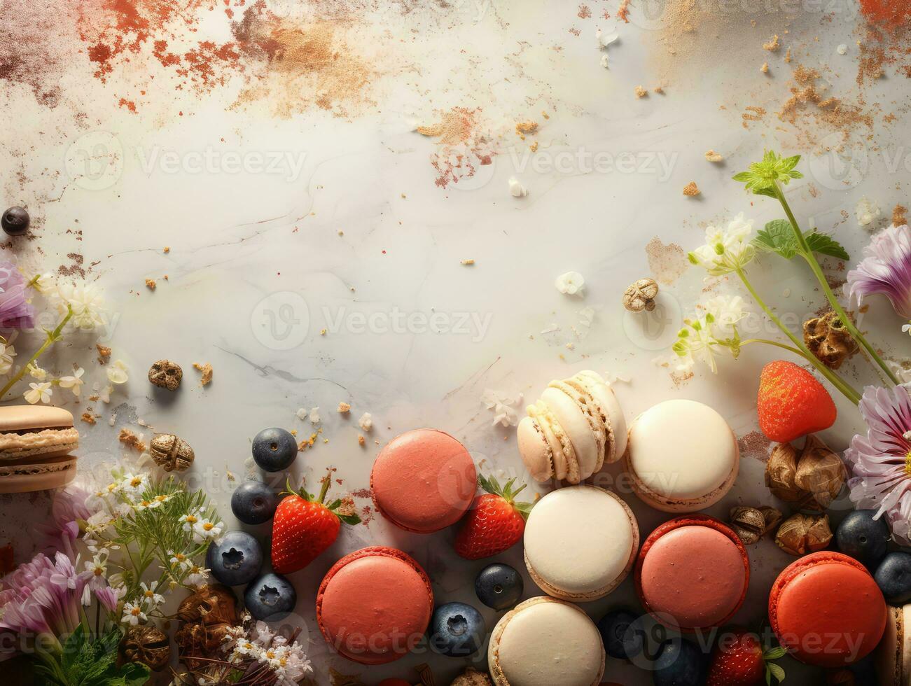 Colorful Macaroons on the marble background, top view. With copy space. AI Generative photo