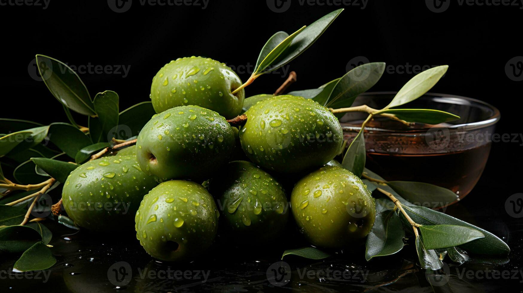 Olive branch with green olives on black background. Studio shot.  AI Generative photo