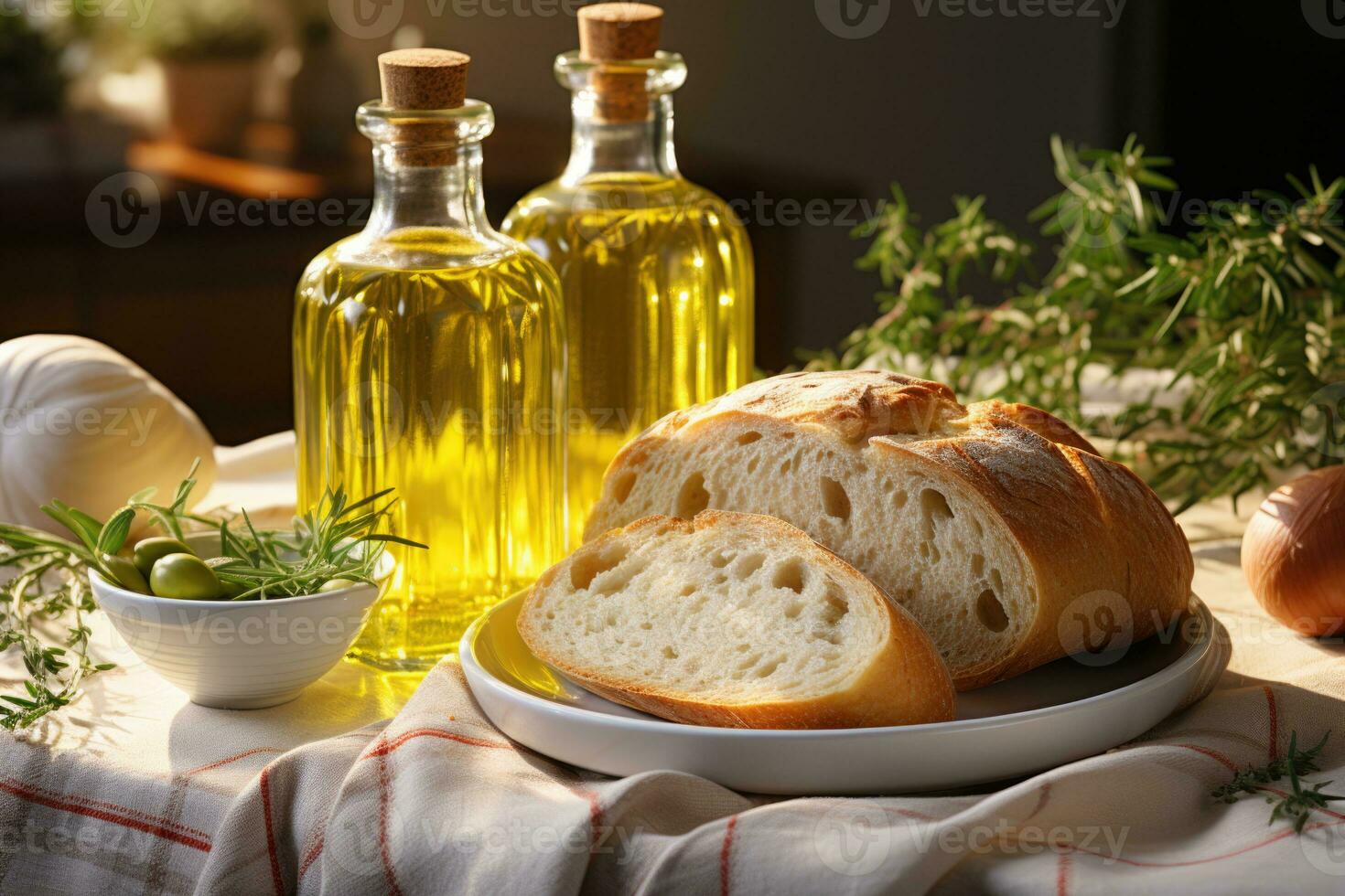 Olive oil and bread on a table in the kitchen. Food background. AI Generative photo