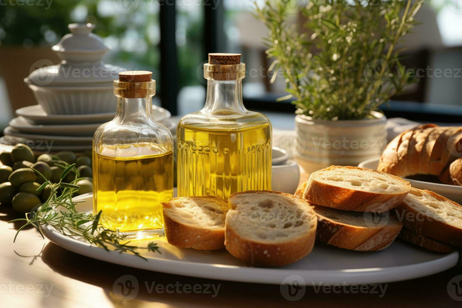 Olive oil and bread on a table in the kitchen. Food background. AI Generative photo