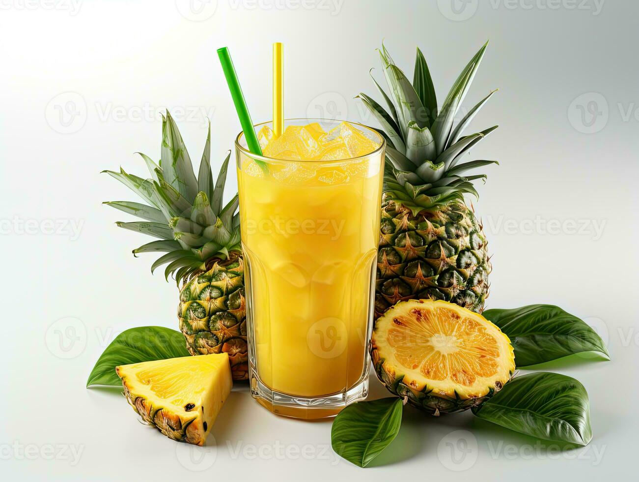 Pineapple juice with ice cubes and fresh pineapple on white background. AI Generative photo