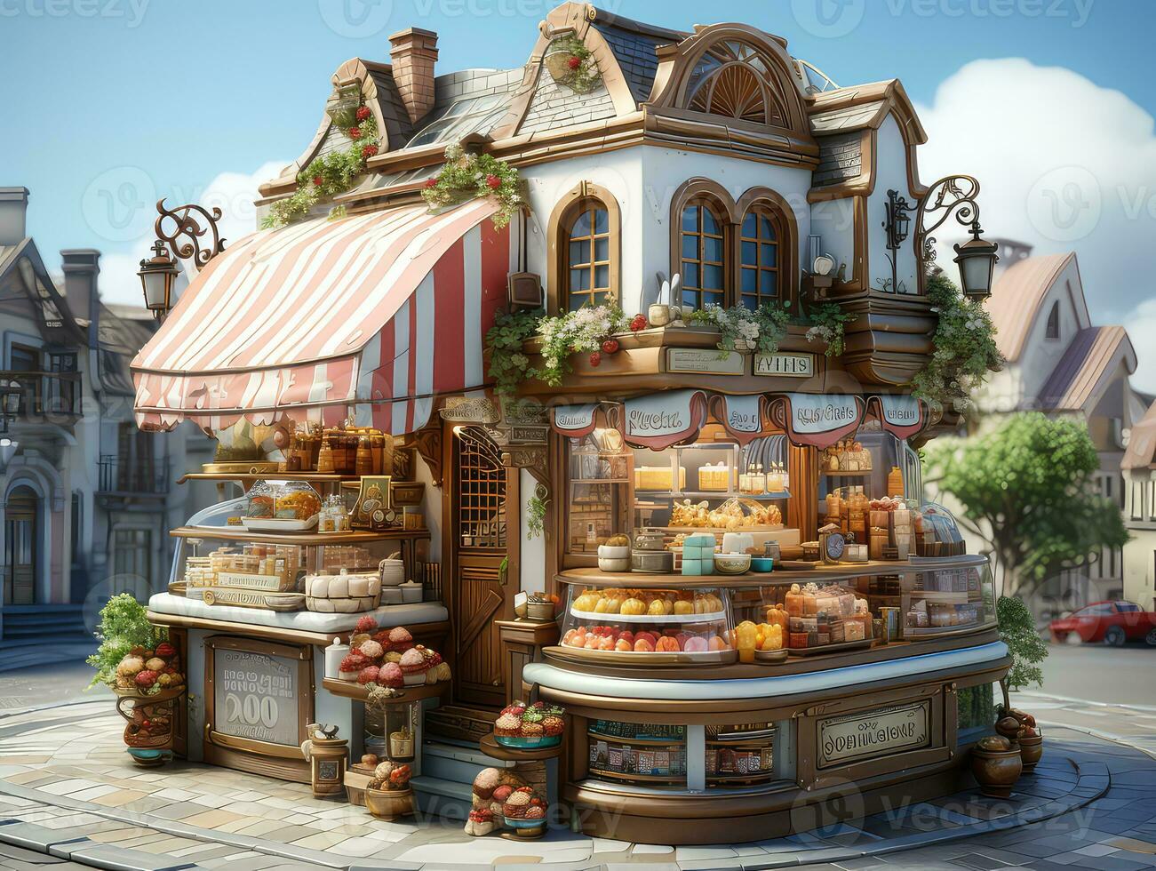 Cake house in the style of the fairy tale, 3d render. AI Generative photo