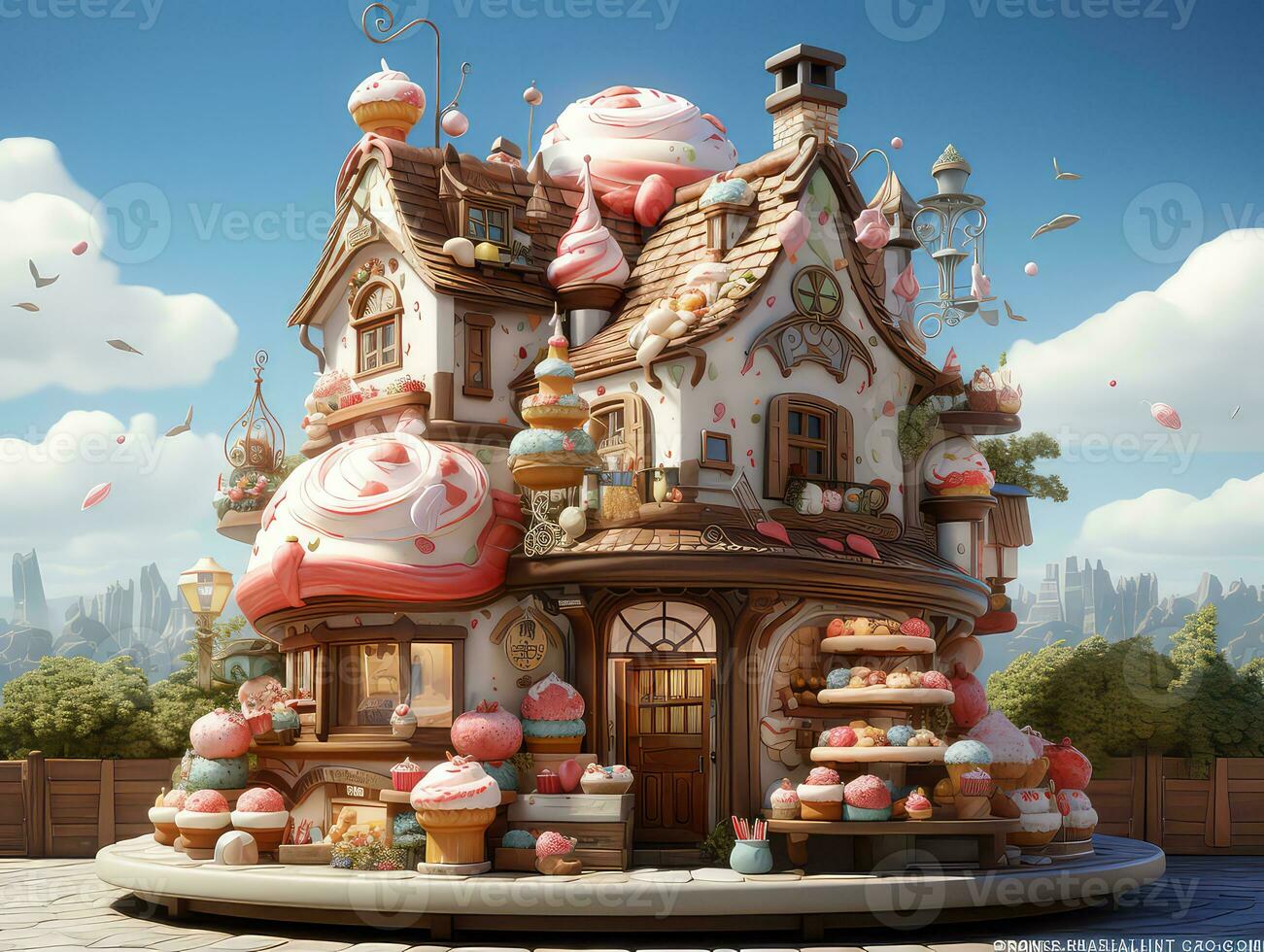 Cake house in the style of the fairy tale, 3d render. AI Generative photo