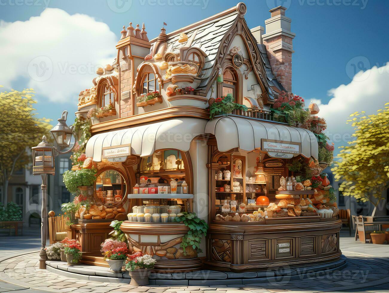 Cake house in the style of the fairy tale, 3d render. AI Generative photo