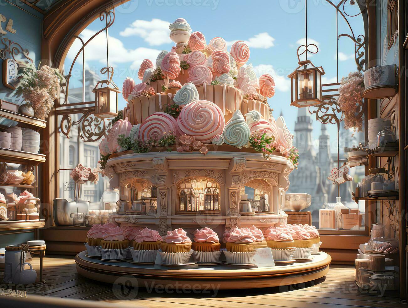 3D render of a cake on a stand in a cafe. AI Generative photo