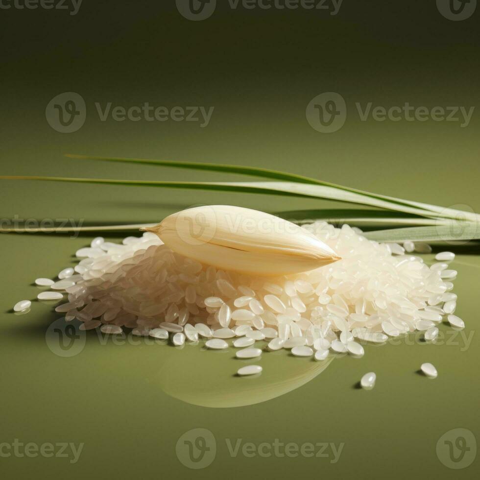 Rice and bamboo shoot on green background. Shallow dof. AI Generative photo