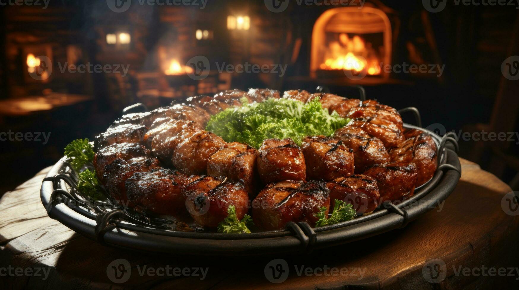 Grilled sausages with spices and vegetables on a wooden table.  AI Generative photo
