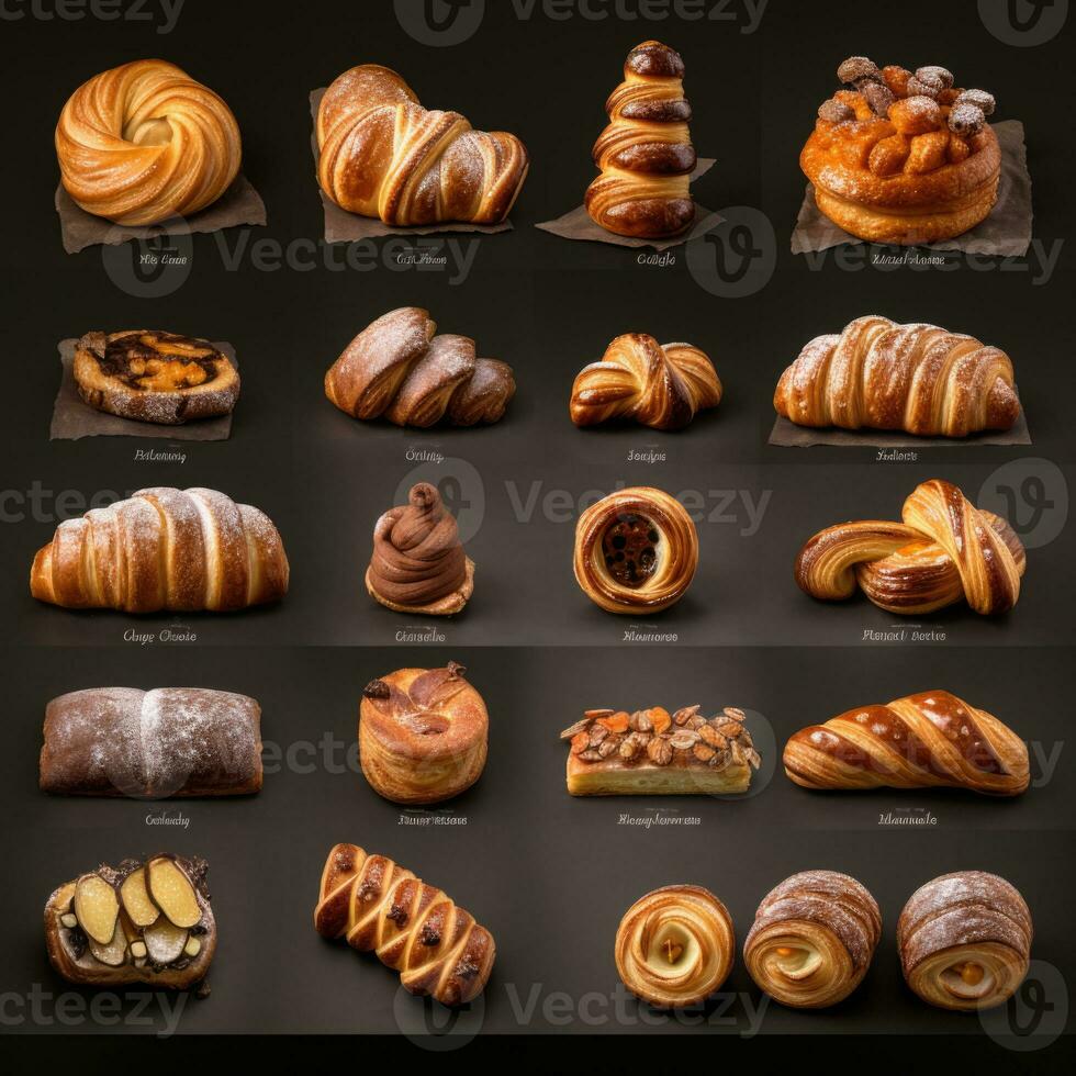 Assortment of sweet pastries on a wooden background, top view. AI Generative photo