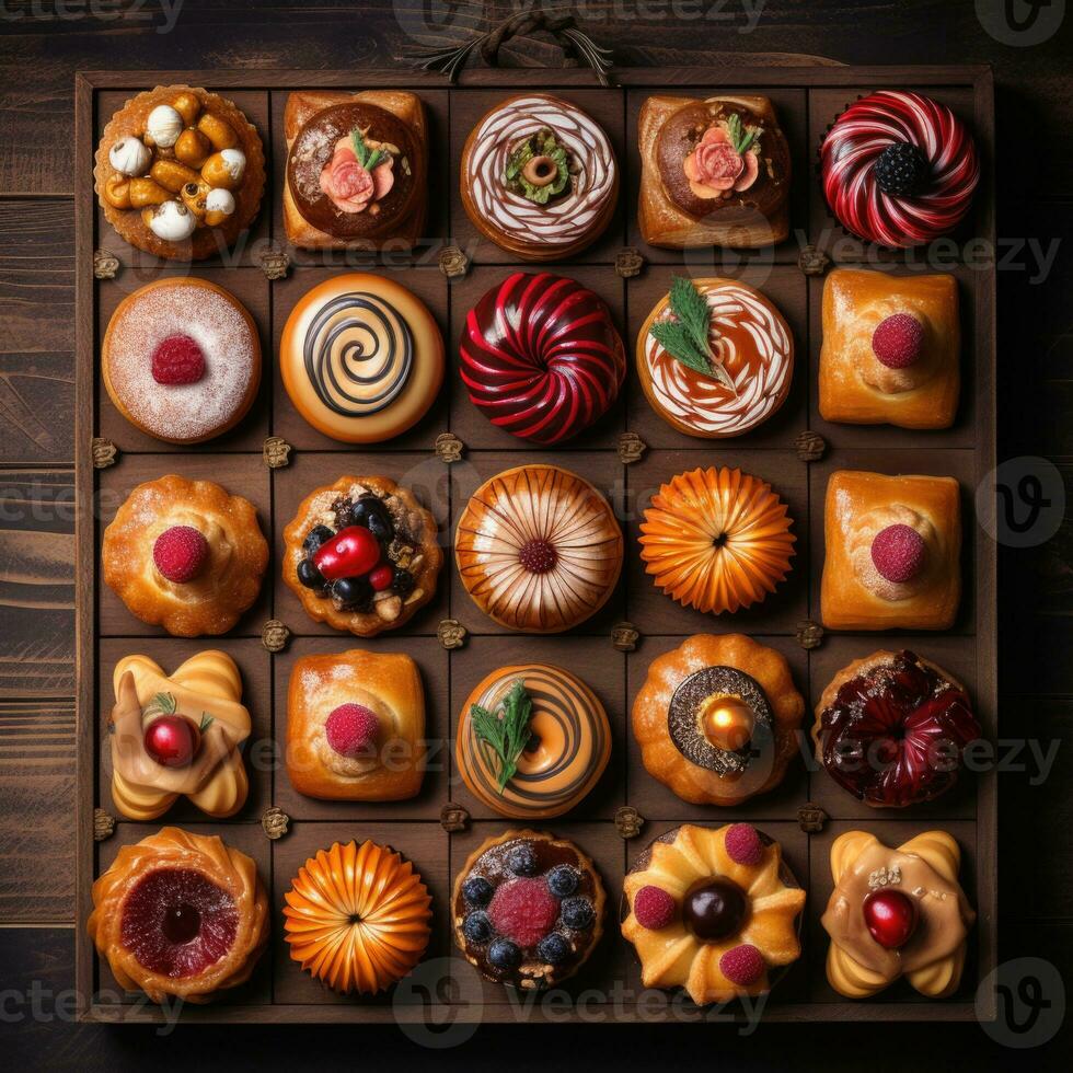 Assortment of sweet pastries on a wooden background, top view. AI Generative photo