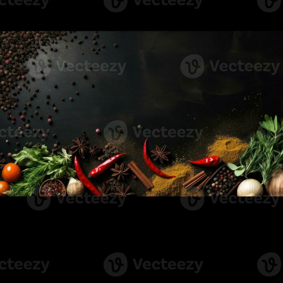 Various spices and herbs on black wooden background. Top view with copy space. AI Generative photo