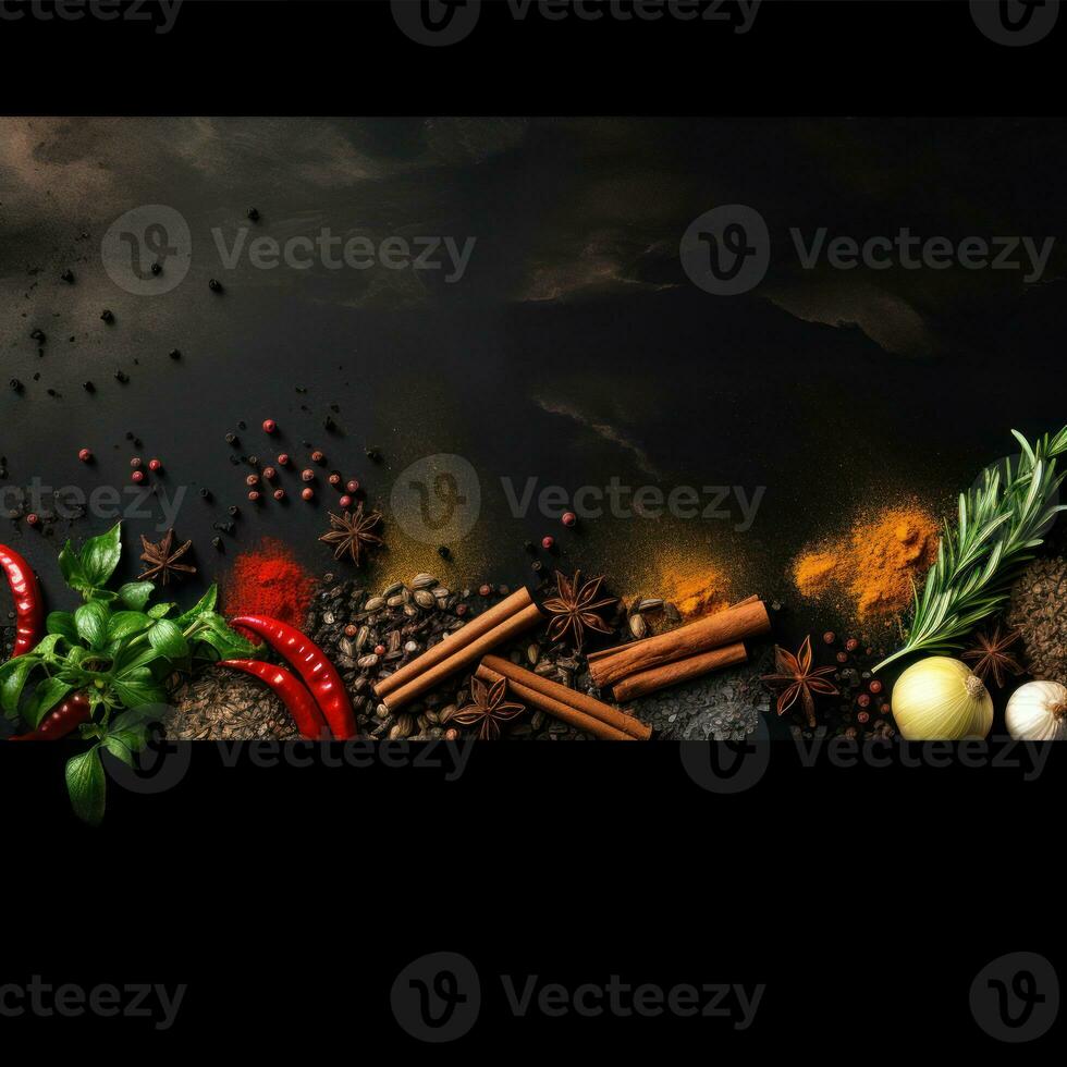 Various spices and herbs on black wooden background. Top view with copy space. AI Generative photo