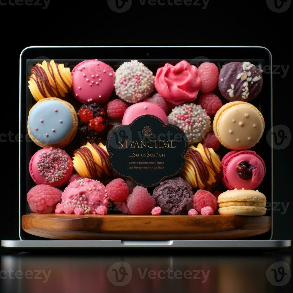 Colorful sweets on laptop screen with raspberries, chocolate candies and cookies AI Generative photo