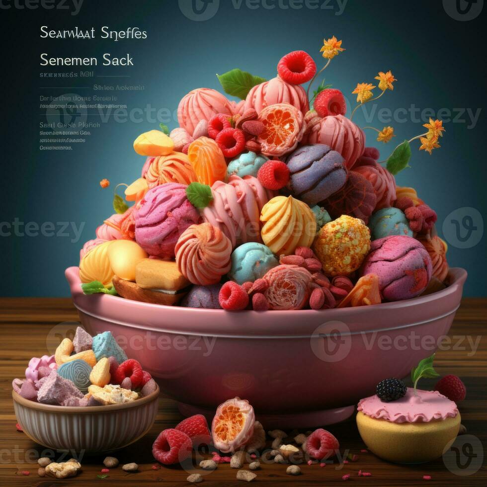Colorful sweets in bowl with raspberries, chocolate candies and cookies. AI Generative photo