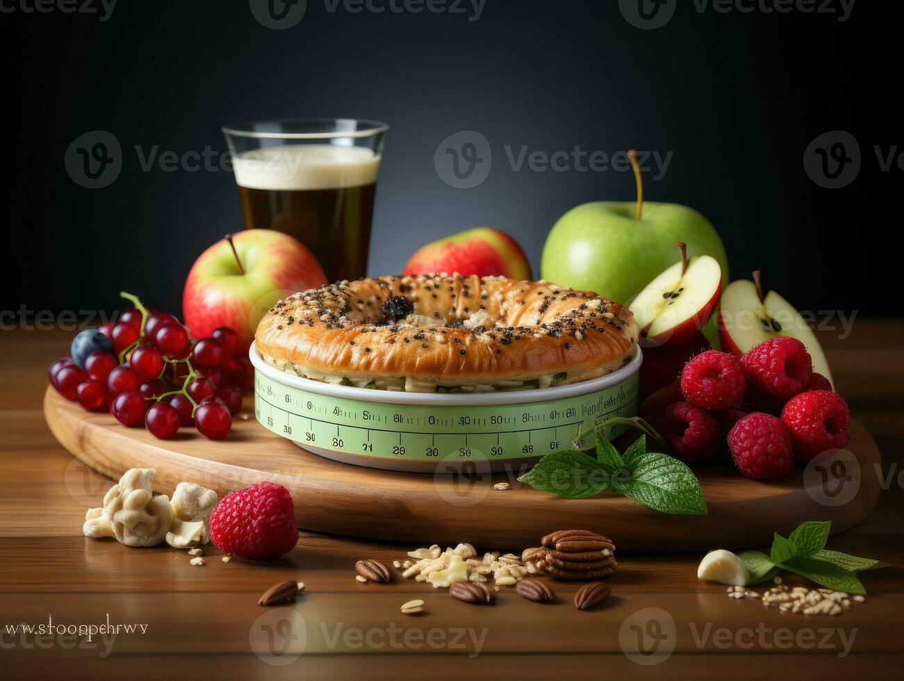 Healthy breakfast with donut and fresh fruits on wooden table. AI Generative photo