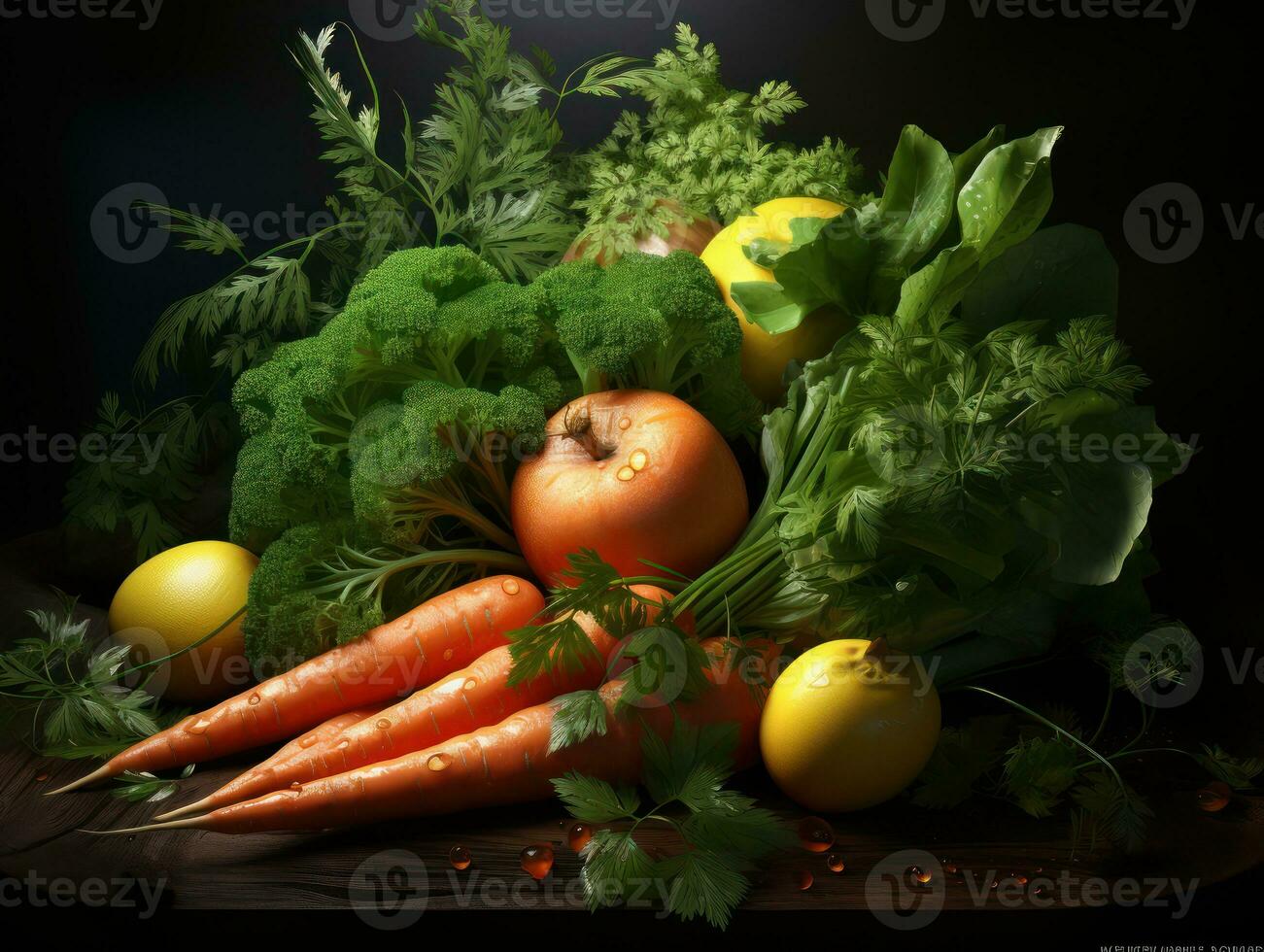 Composition with variety of raw vegetables on wooden table. Balanced diet. AI Generative photo