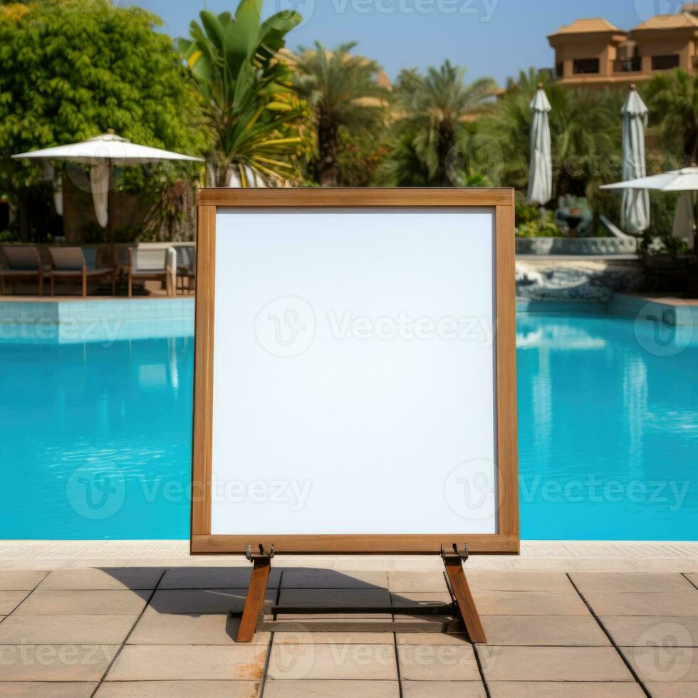 Blank info borad near swimming pool. photo