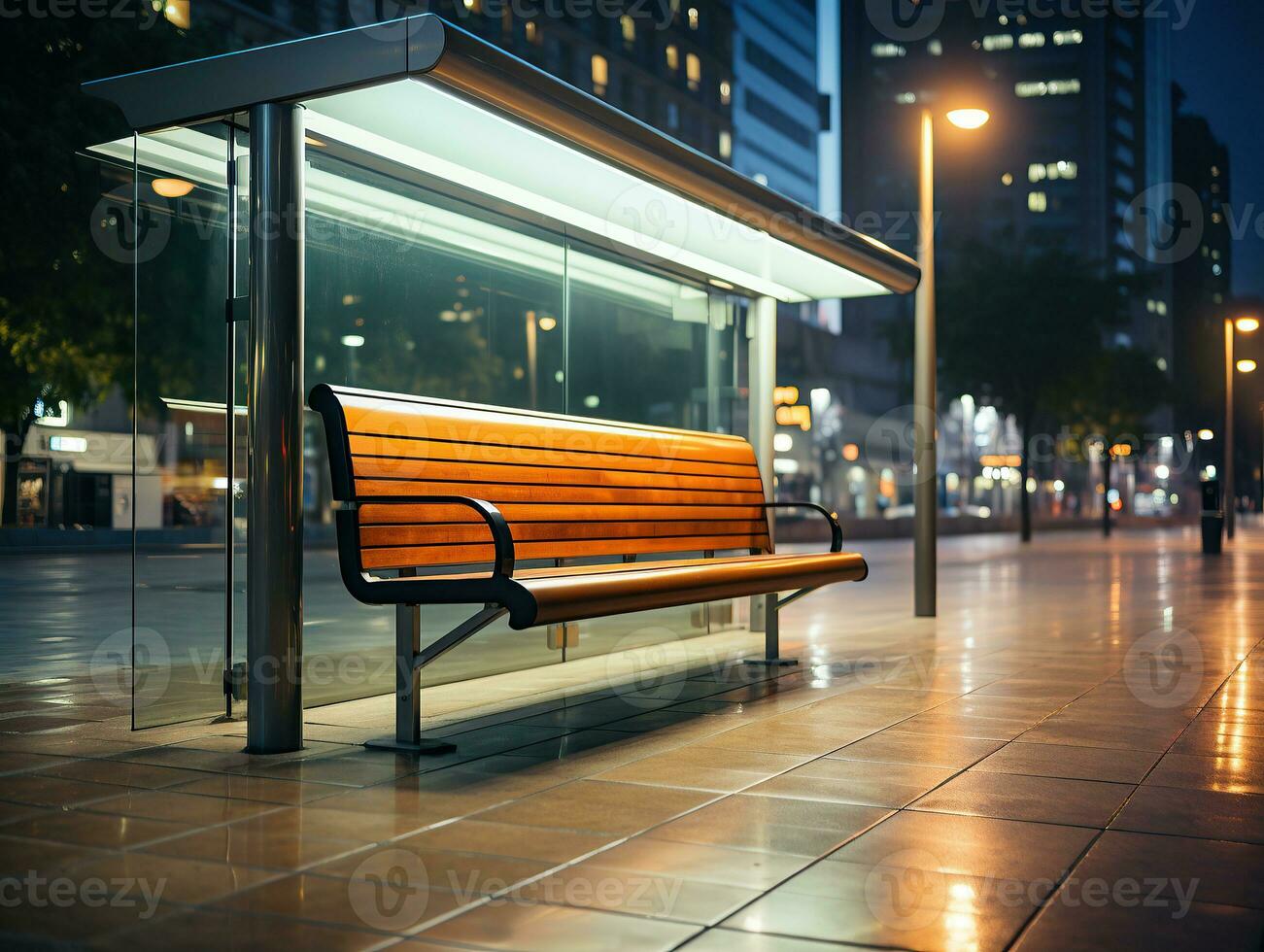 Empty bus stop in the city photo