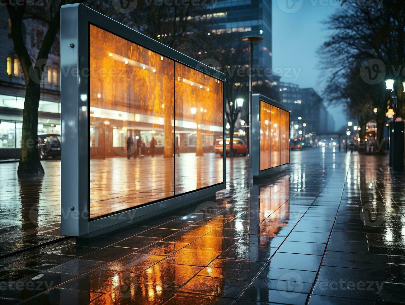 Empty bus stop in the city photo