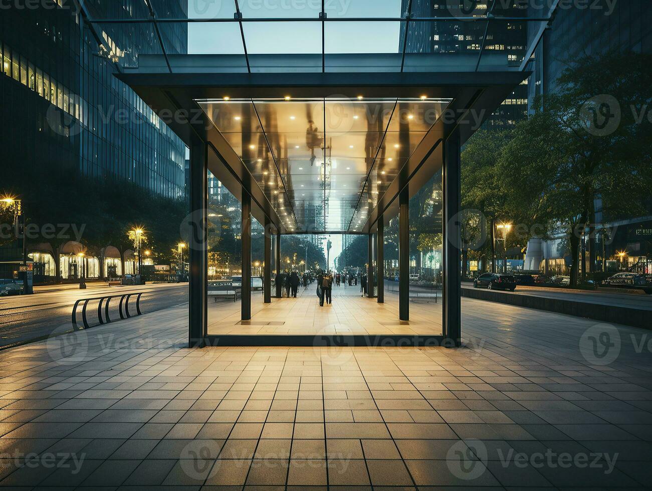 Empty bus stop in the city photo