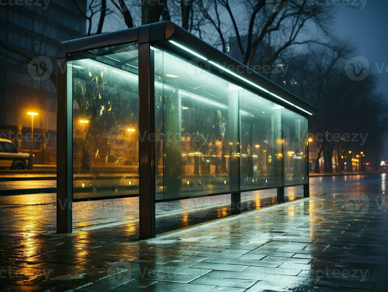 Empty bus stop in the city photo