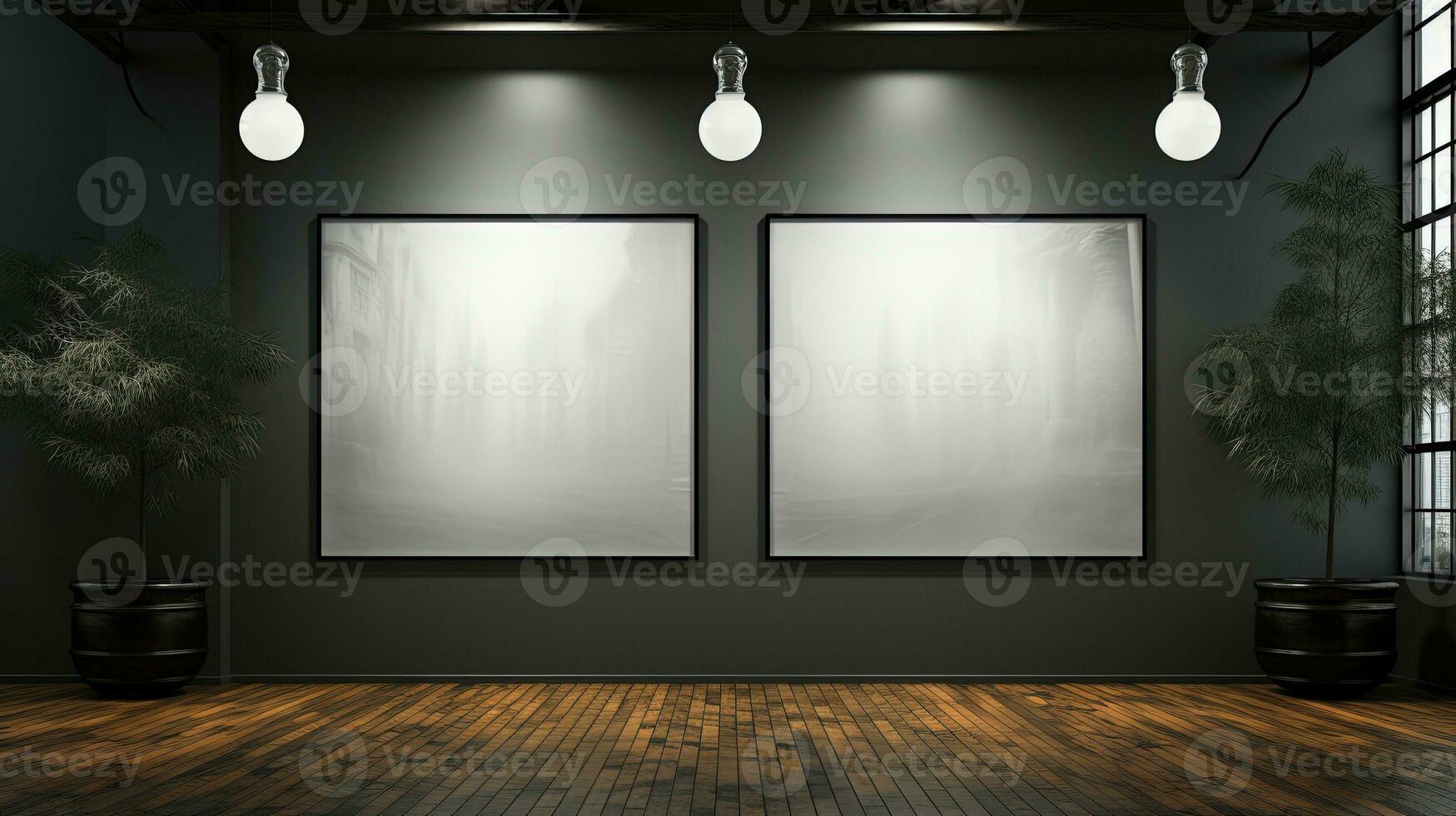 Modern art gallery interior with blank poster on wall. photo