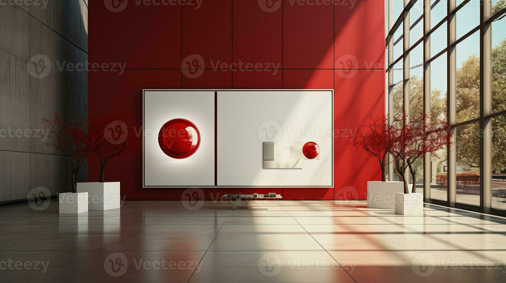 Modern art gallery interior with blank poster on wall. photo