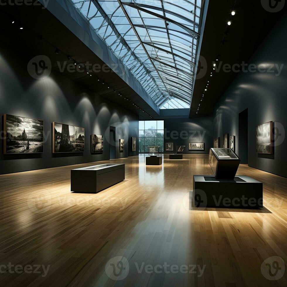 Modern art gallery interior with blank poster on wall. photo