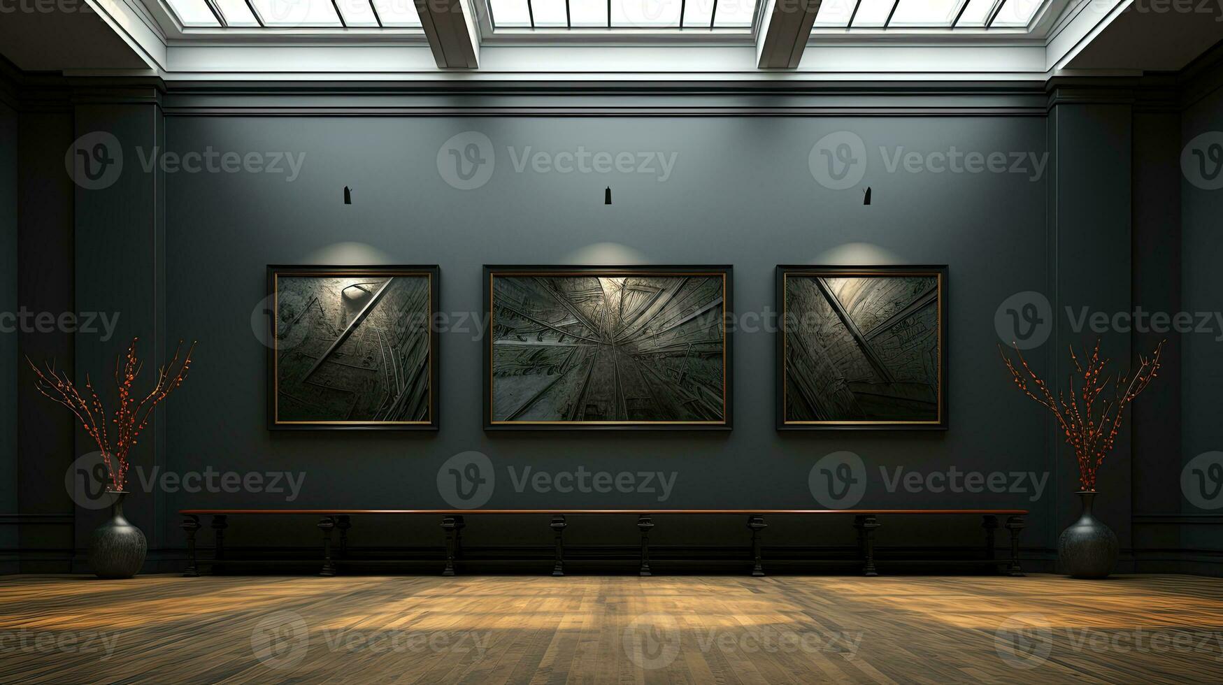 Modern art gallery interior with blank poster on wall. photo