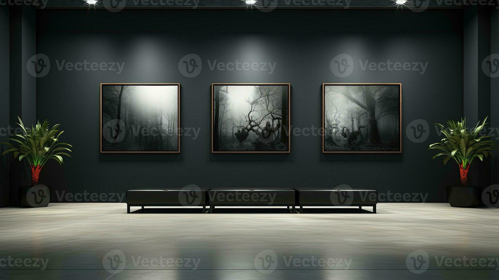 Modern art gallery interior with blank poster on wall. photo
