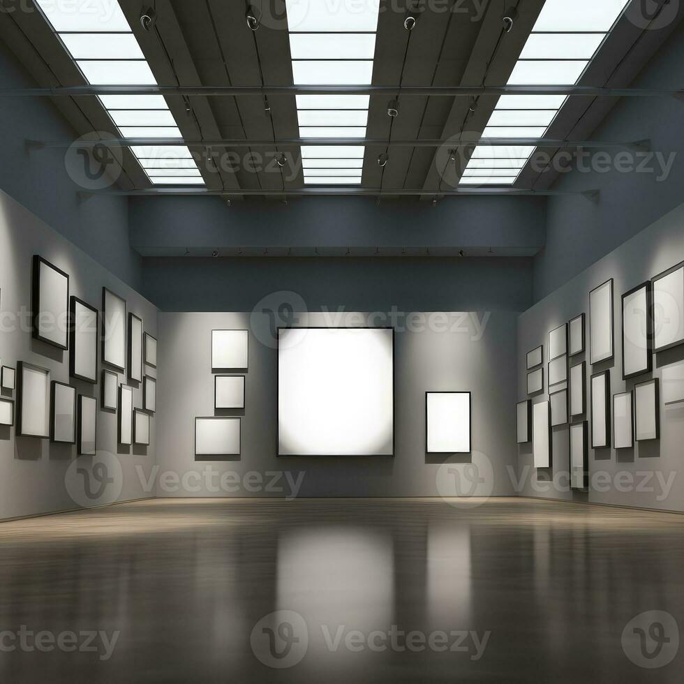 Modern art gallery interior with blank poster on wall. photo