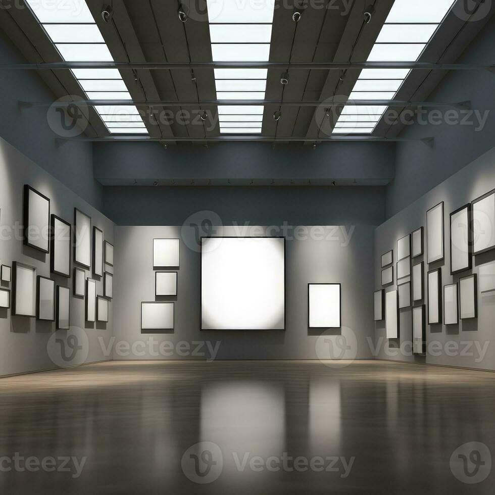 Modern art gallery interior with blank poster on wall. photo