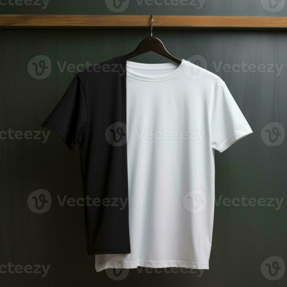 Black and white t-shirt on wooden hanger, photo