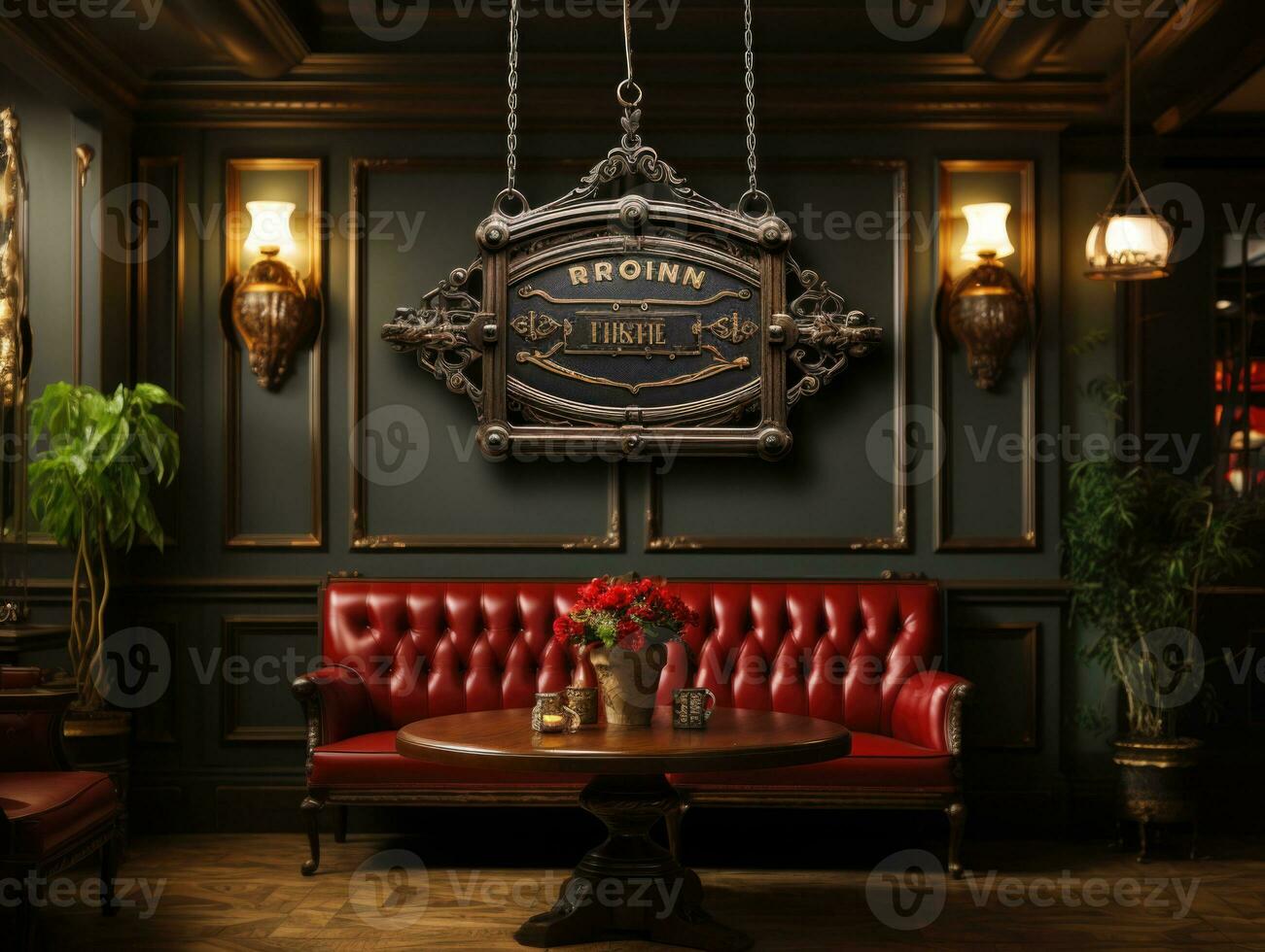 Red leather sofa and vintage signboard. photo
