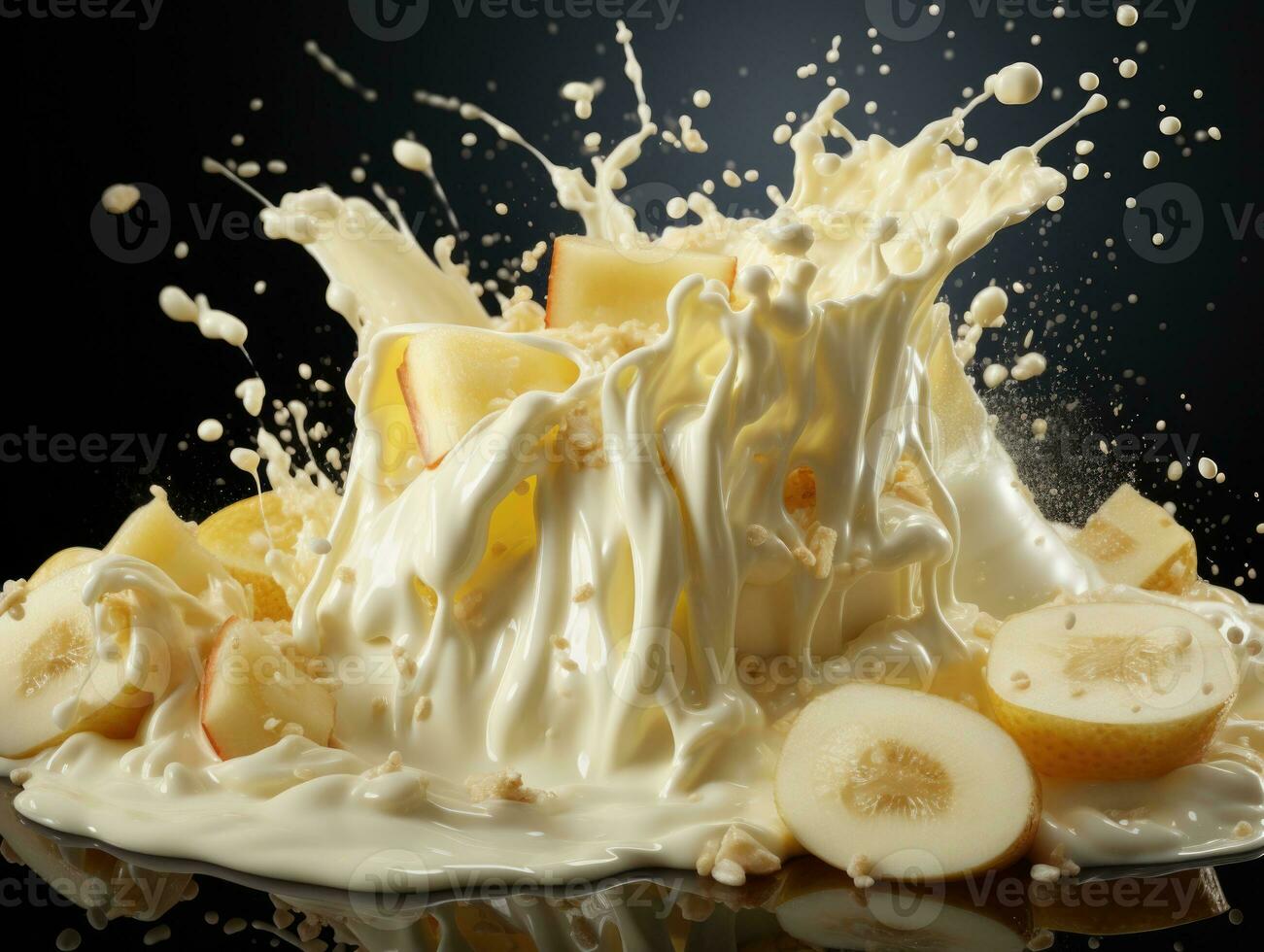 Splash of milk with slices of banana photo