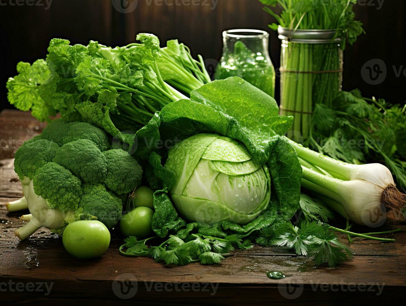 Fresh green vegetables with water drops photo