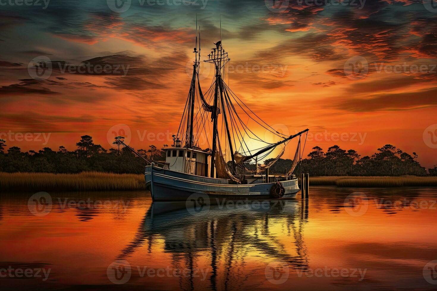Fishing boat on the water at sunset with a reflection in water and a beautiful sky.  Dramatic sky and beautiful nature background., Wonderful seascape. photo