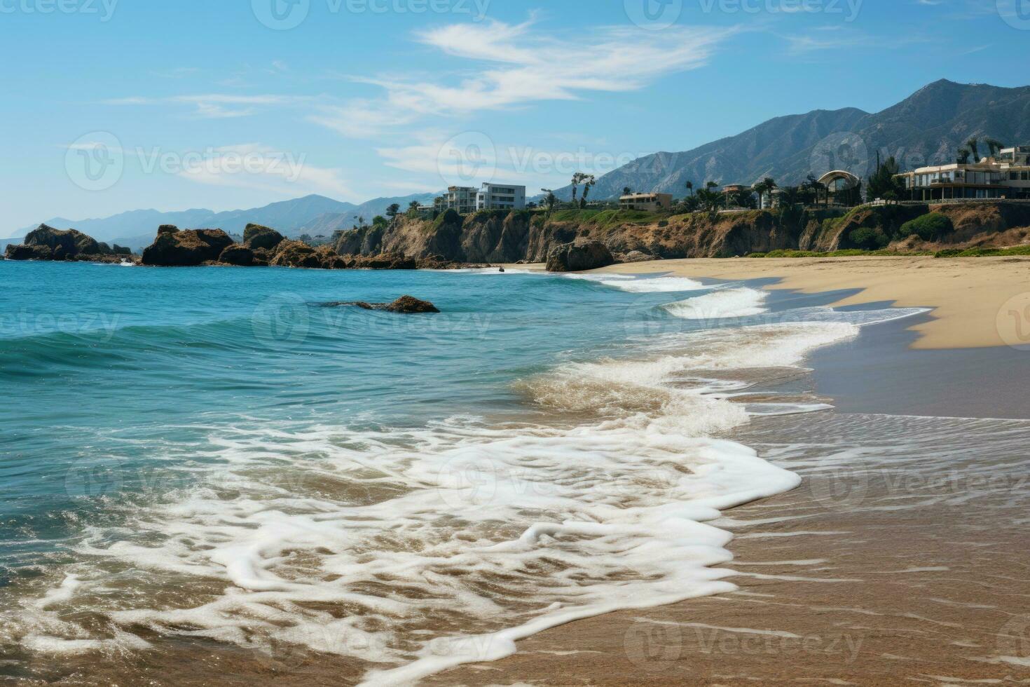 Beach view showing calm waves crashing on golden sand on a perfect summer day. View of the coastline in the town of Malibu, California. photo