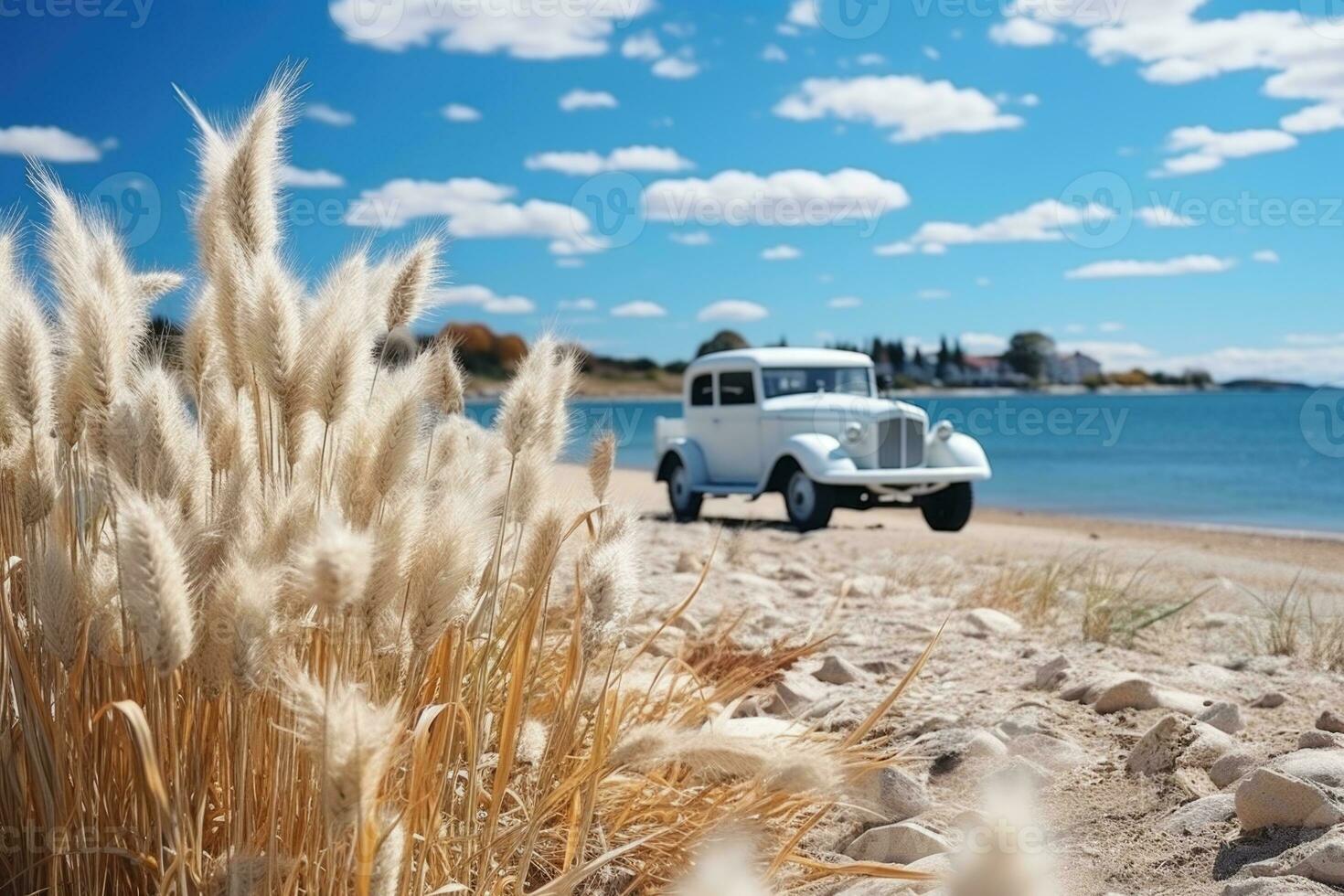 White dandelions on the beach with a white classic car in the background. Fluffy dandelion flower on the beach with blue sky and white clouds. photo