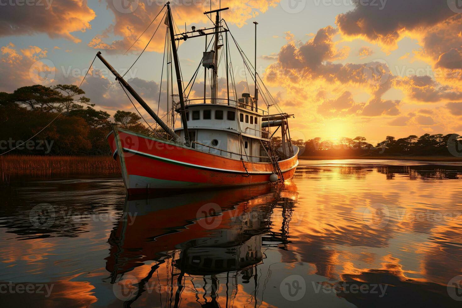 Fishing boat on the water at sunset with a reflection in water and a beautiful sky.  Dramatic sky and beautiful nature background., Wonderful seascape. photo