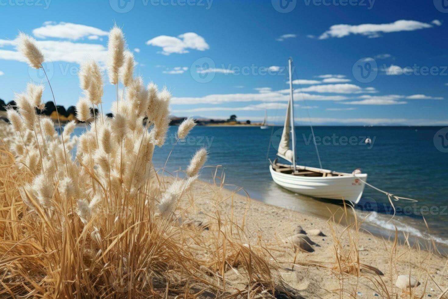 White dandelions on the beach with a boat in the background. Fluffy dandelion flower on the beach with blue sky and white clouds. photo