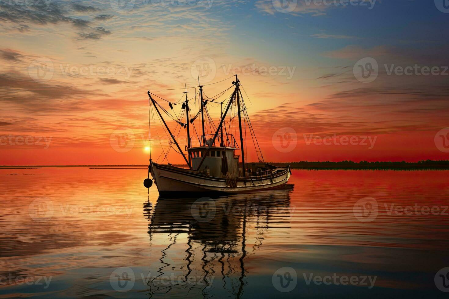 Fishing boat on the water at sunset with a reflection in water and a beautiful sky.  Dramatic sky and beautiful nature background., Wonderful seascape. photo