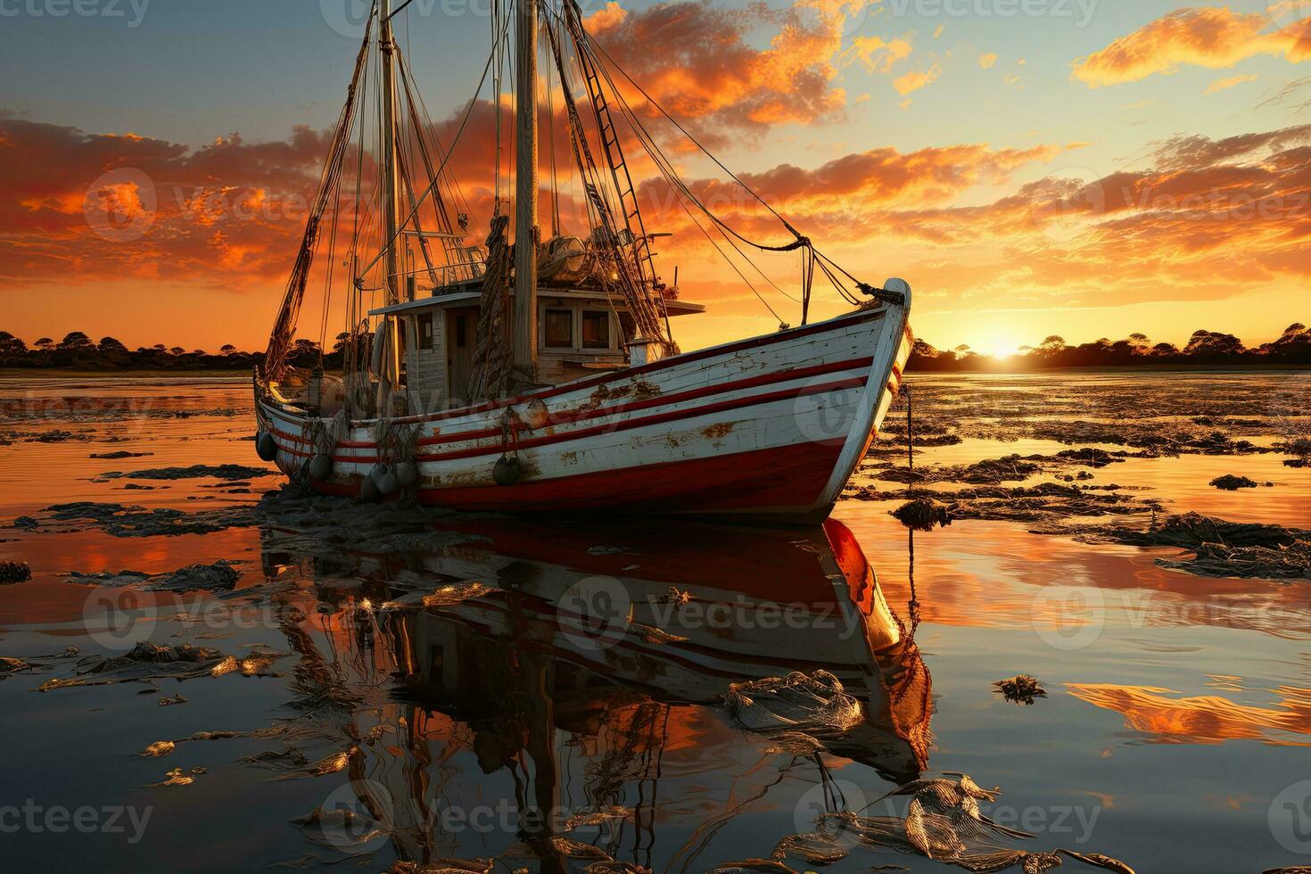 Fishing boat on the water at sunset with a reflection in water and a beautiful sky.  Dramatic sky and beautiful nature background., Wonderful seascape. photo