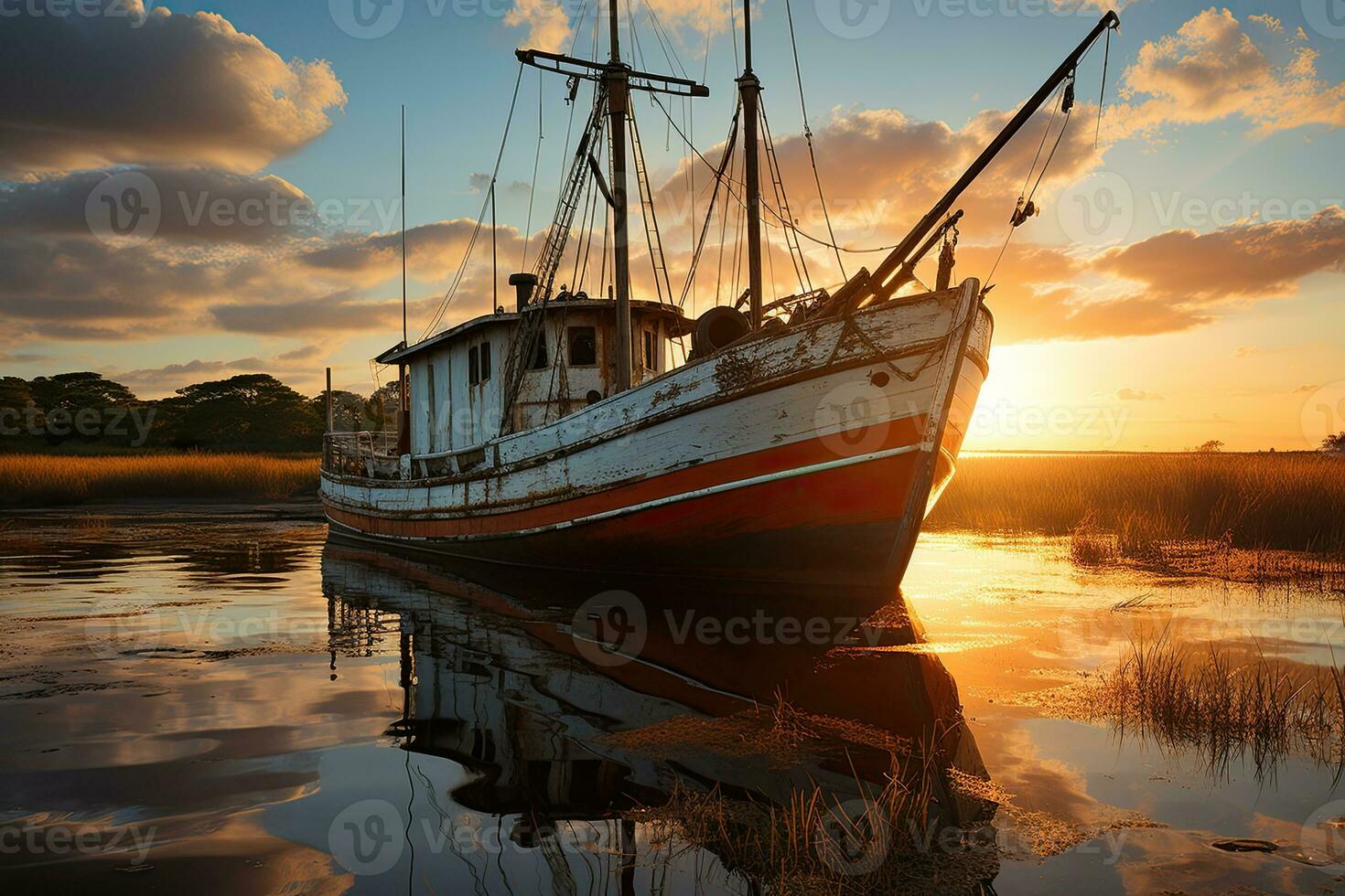 Fishing boat on the water at sunset with a reflection in water and a beautiful sky.  Dramatic sky and beautiful nature background., Wonderful seascape. photo