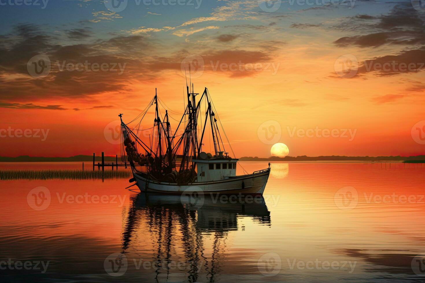 Fishing boat on the water at sunset with a reflection in water and a beautiful sky.  Dramatic sky and beautiful nature background., Wonderful seascape. photo