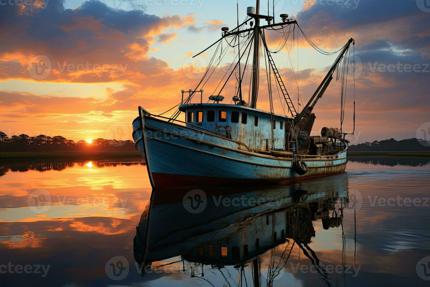 Fishing boat on the water at sunset with a reflection in water and a beautiful sky.  Dramatic sky and beautiful nature background., Wonderful seascape. photo