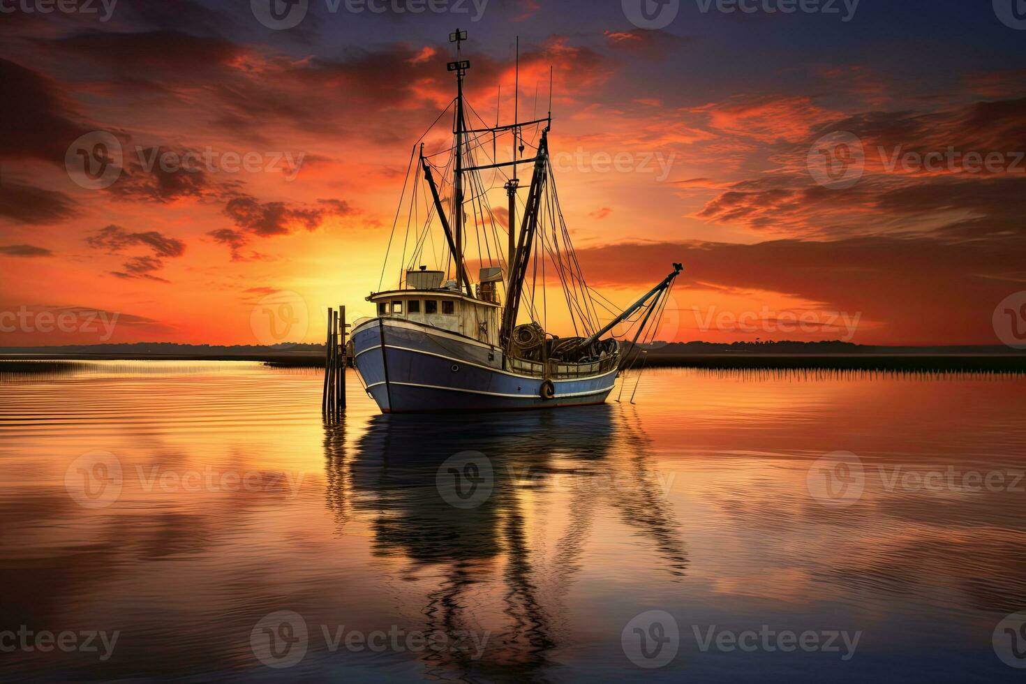Fishing boat on the water at sunset with a reflection in water and a beautiful sky.  Dramatic sky and beautiful nature background., Wonderful seascape. photo