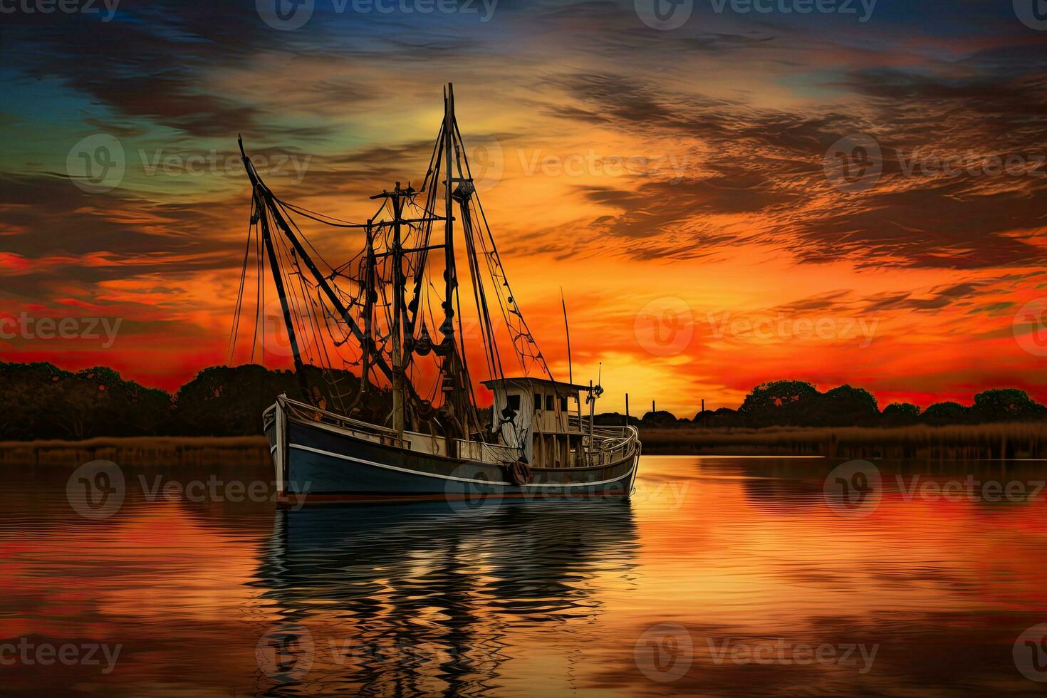Fishing boat on the water at sunset with a reflection in water and a beautiful sky.  Dramatic sky and beautiful nature background., Wonderful seascape. photo