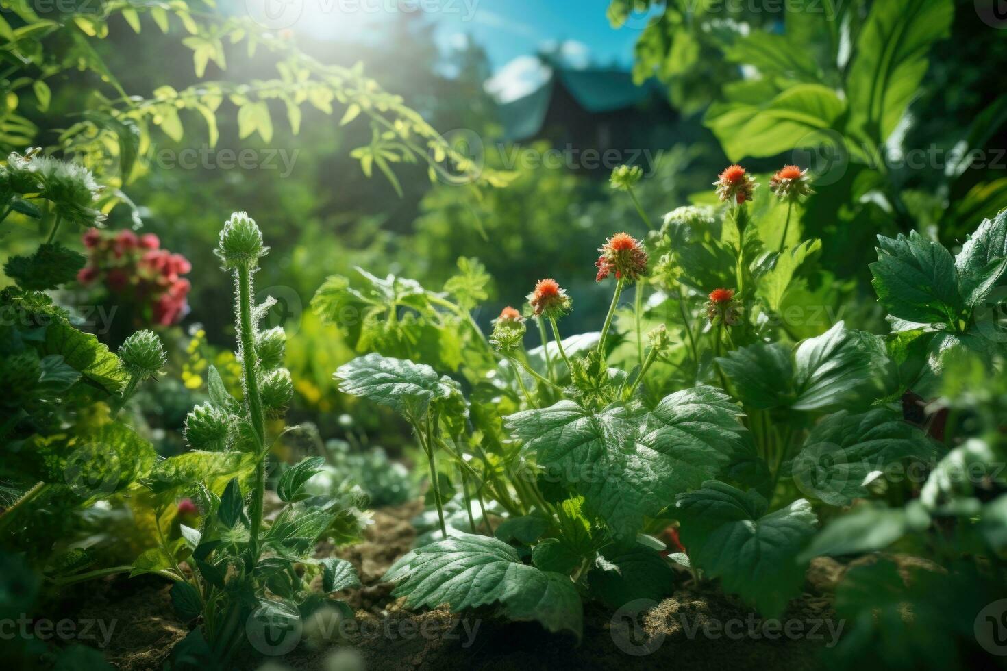 Close up of strawberry plants growing in the garden on a sunny day. Selective focus.  Beautiful flowers and plants in the garden at sunset. Nature background.  AI generated photo