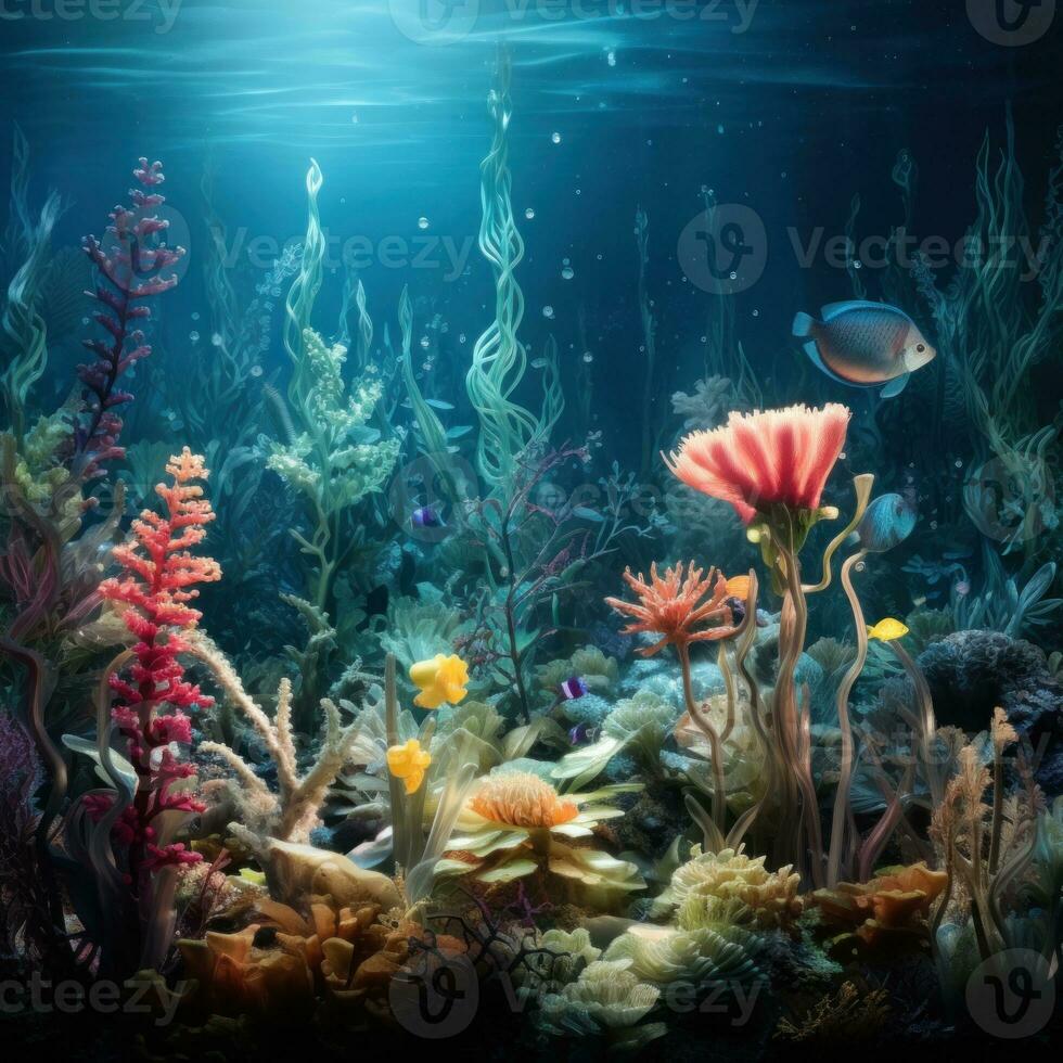 Underwater scene with corals and tropical fish. Underwater world. Aquarium decoration consisting of natural, tropical stones and plants. And the beautiful atmosphere created by the light beams. photo