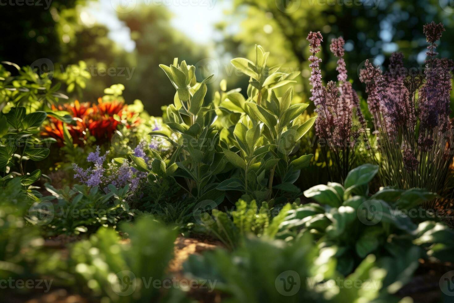 Flowers in the garden on a sunny summer day. Selective focus.  Beautiful flowers and plants in the garden at sunset. Nature background. photo
